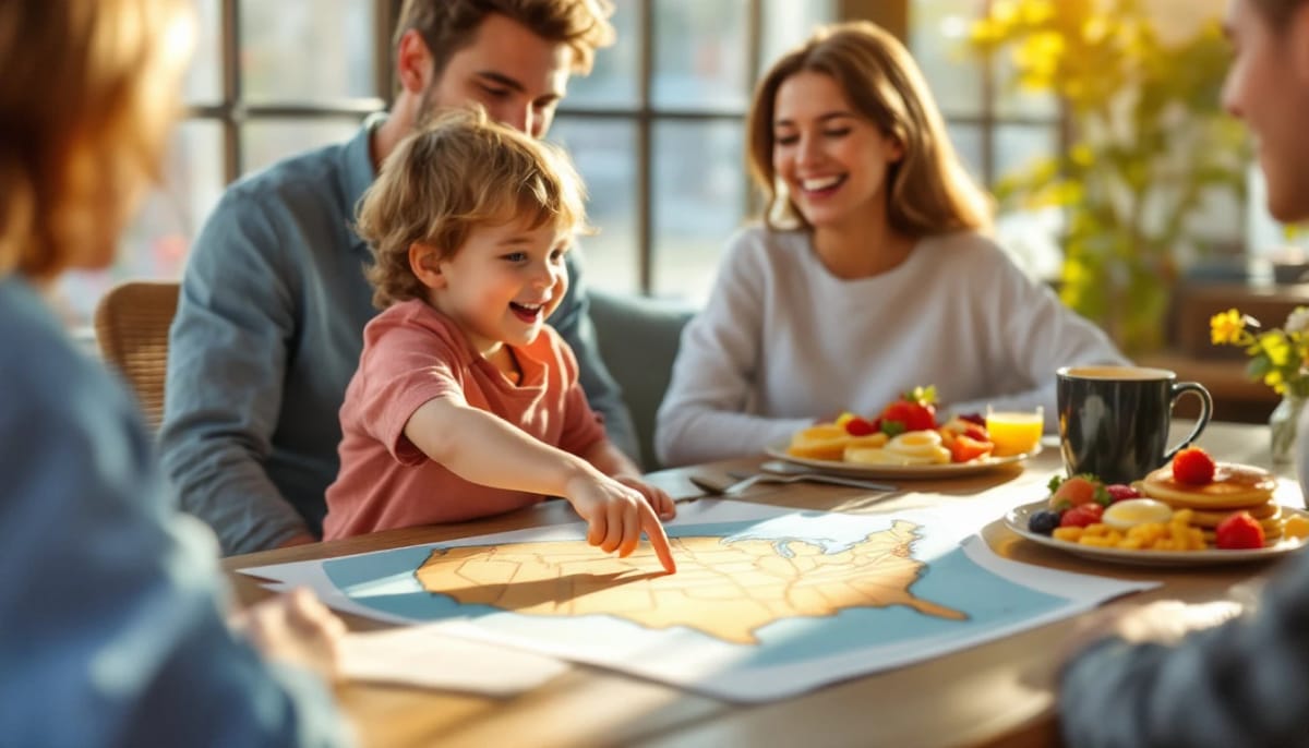 A happy family sharing a sunny breakfast at U.S. Egg while a child points at a colorful illustrated map of the United States spread across the table