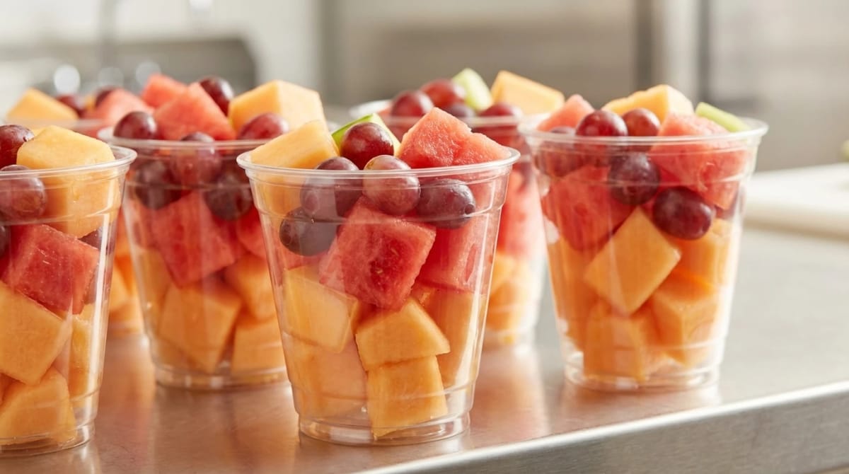 Fresh fruit cups prepared for U.S. Egg catering — vibrant cantaloupe, watermelon, and grapes