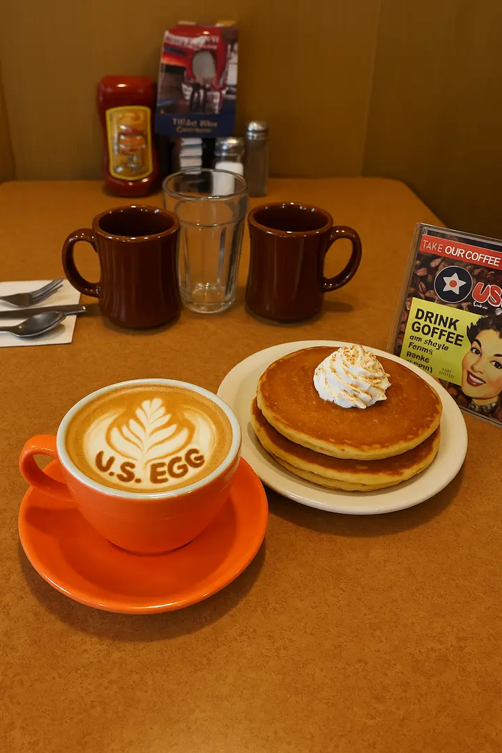 Beautiful latte art with fluffy pancakes