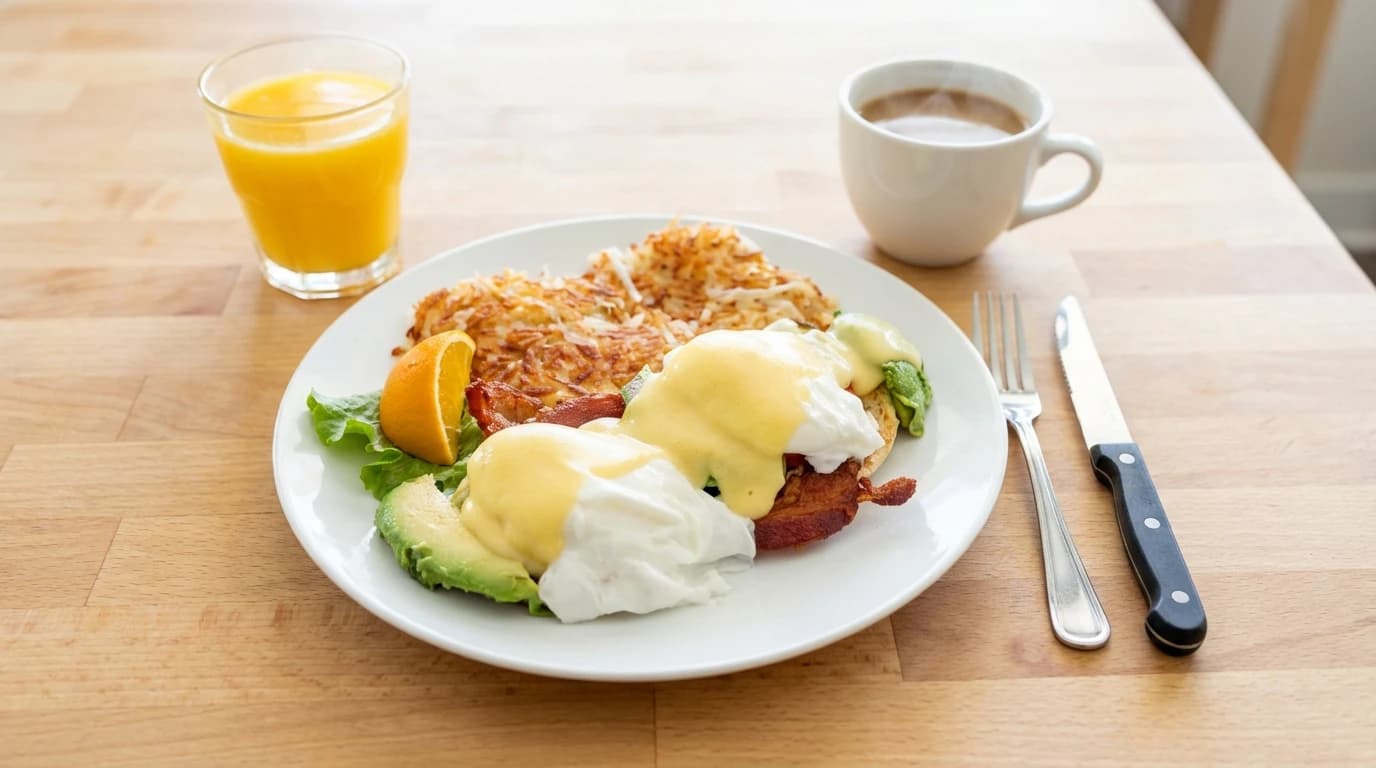 California Benedict - Crispy bacon, creamy avocado, juicy tomatoes, two poached eggs, and hollandaise sauce on a toasted E - U.S. Egg Breakfast & Lunch menu item