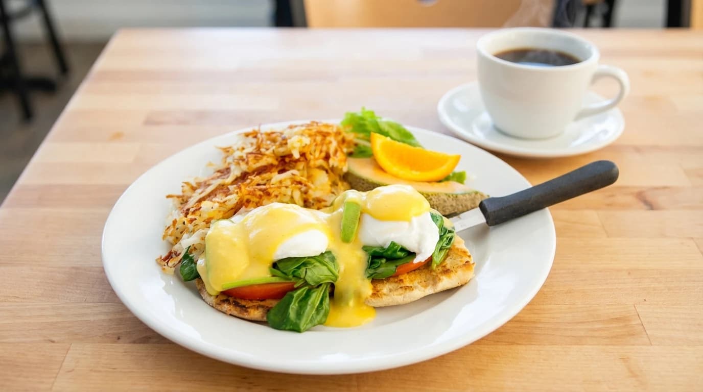 Veggie Benedict - Fresh spinach, creamy avocado, juicy tomatoes, two poached eggs, and hollandaise sauce on a toasted - U.S. Egg Breakfast & Lunch menu item (vegetarian)