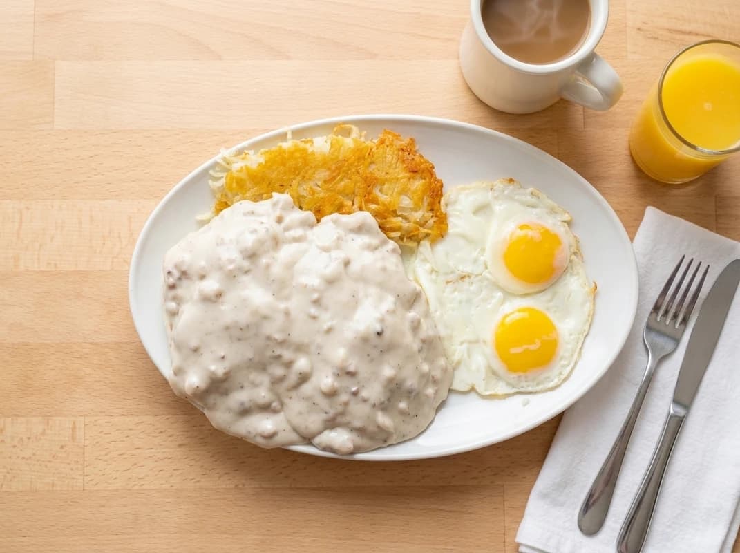 Biscuits & Sausage Gravy - Our homemade sausage gravy ladled over two fluffy biscuits, served with two eggs any style. - U.S. Egg Breakfast & Lunch menu item
