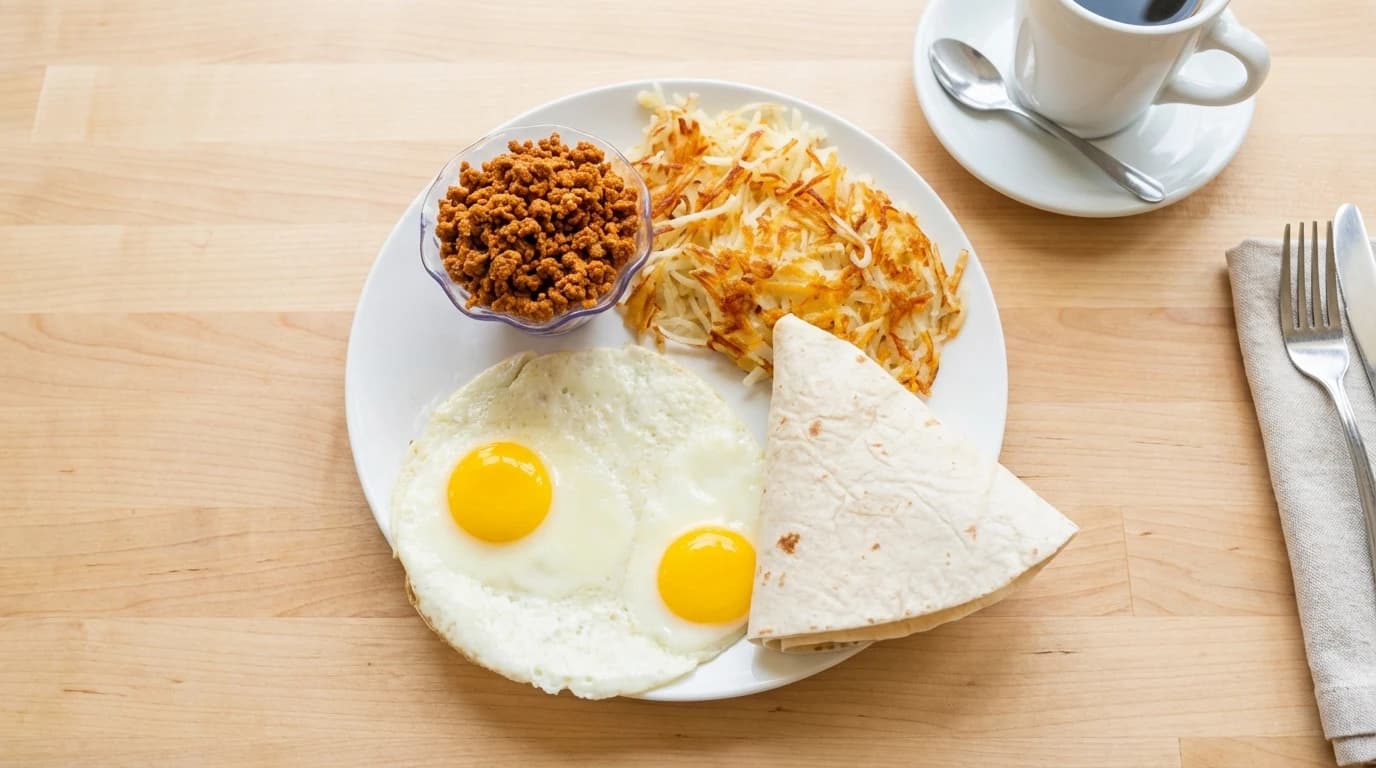 Chorizo Breakfast - Two farm-fresh eggs cooked your way, spicy chorizo sausage, golden hash browns, and a toasted Englis - U.S. Egg Breakfast & Lunch menu item