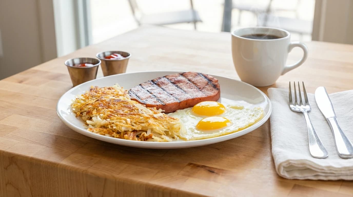Grilled Ham Breakfast - Two farm-fresh eggs cooked your way, thick-cut grilled ham, golden hash browns, and a toasted Englis - U.S. Egg Breakfast & Lunch menu item