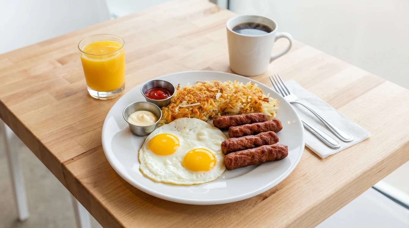 Four Sausage Breakfast - Two farm-fresh eggs cooked your way, four savory sausage links, golden hash browns, and a toasted En - U.S. Egg Breakfast & Lunch menu item