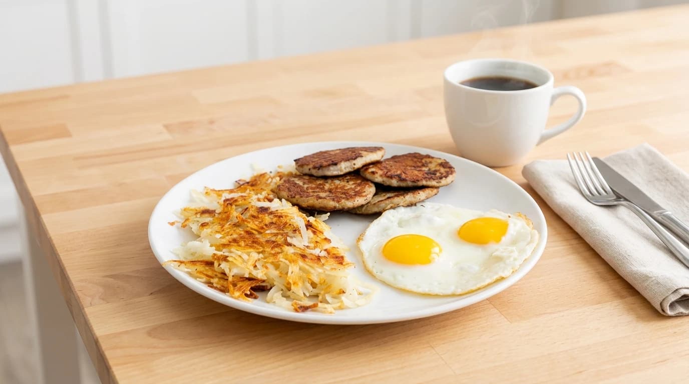 GF Breakfast with Turkey Sausage - Lean, flavorful turkey sausage patties paired with two eggs cooked your way, served with gluten-free - U.S. Egg Breakfast & Lunch menu item (gluten-free)