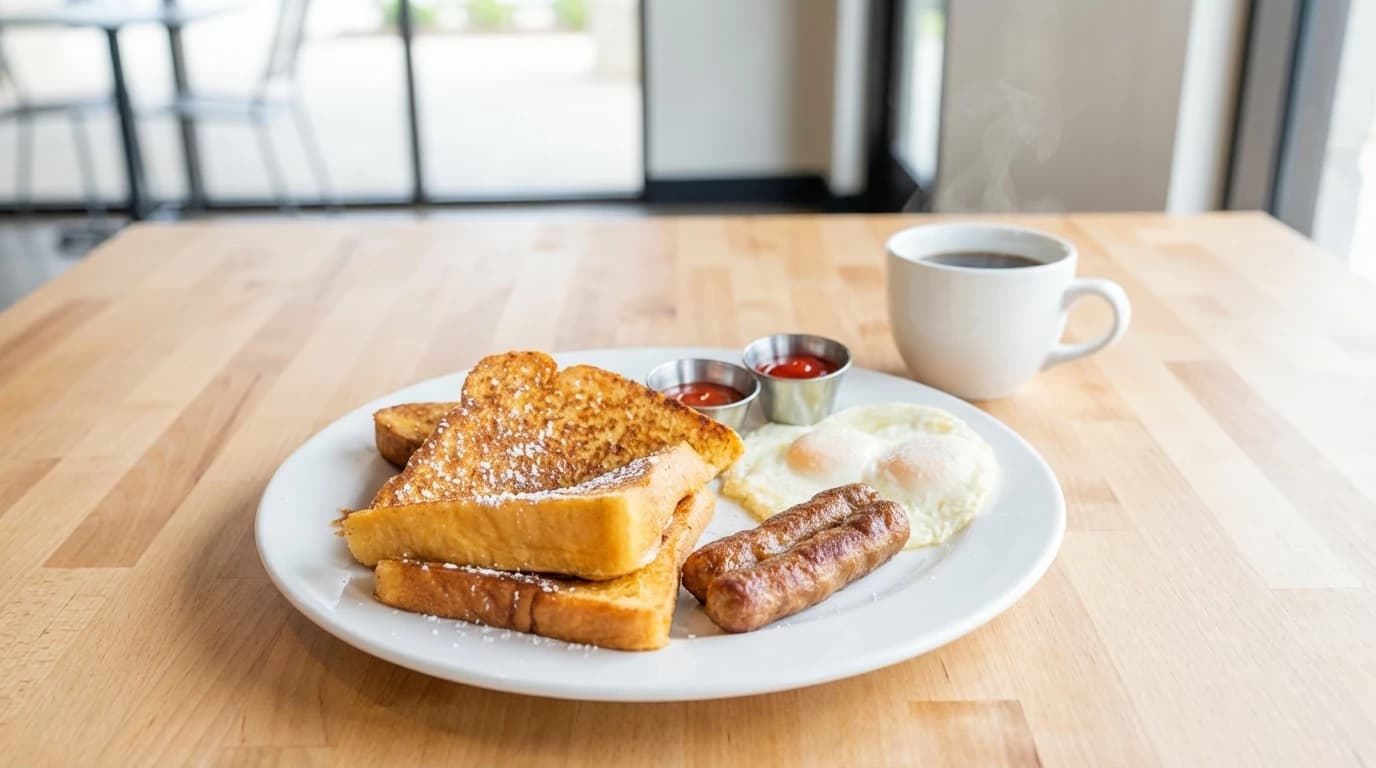 GF Triple Play with French Toast - A perfect breakfast trio featuring our gluten-free French toast, two eggs prepared any style, and yo - U.S. Egg Breakfast & Lunch menu item (gluten-free)