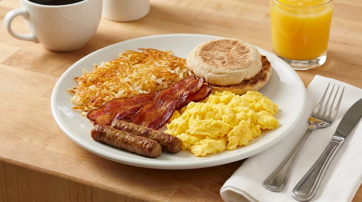 Trad w 2 Bacon & 2 Sausage - Two farm-fresh eggs cooked your way, two crispy bacon strips, two savory sausage links, golden hash - U.S. Egg Breakfast & Lunch menu item