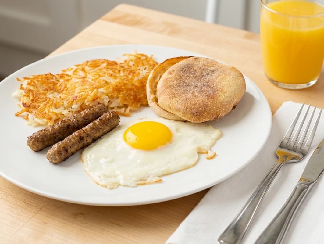 Jr. / Sr. Traditional Breakfast - One egg, two strips of bacon or sausage, one slice of toast, and hashbrowns. - U.S. Egg Breakfast & Lunch menu item