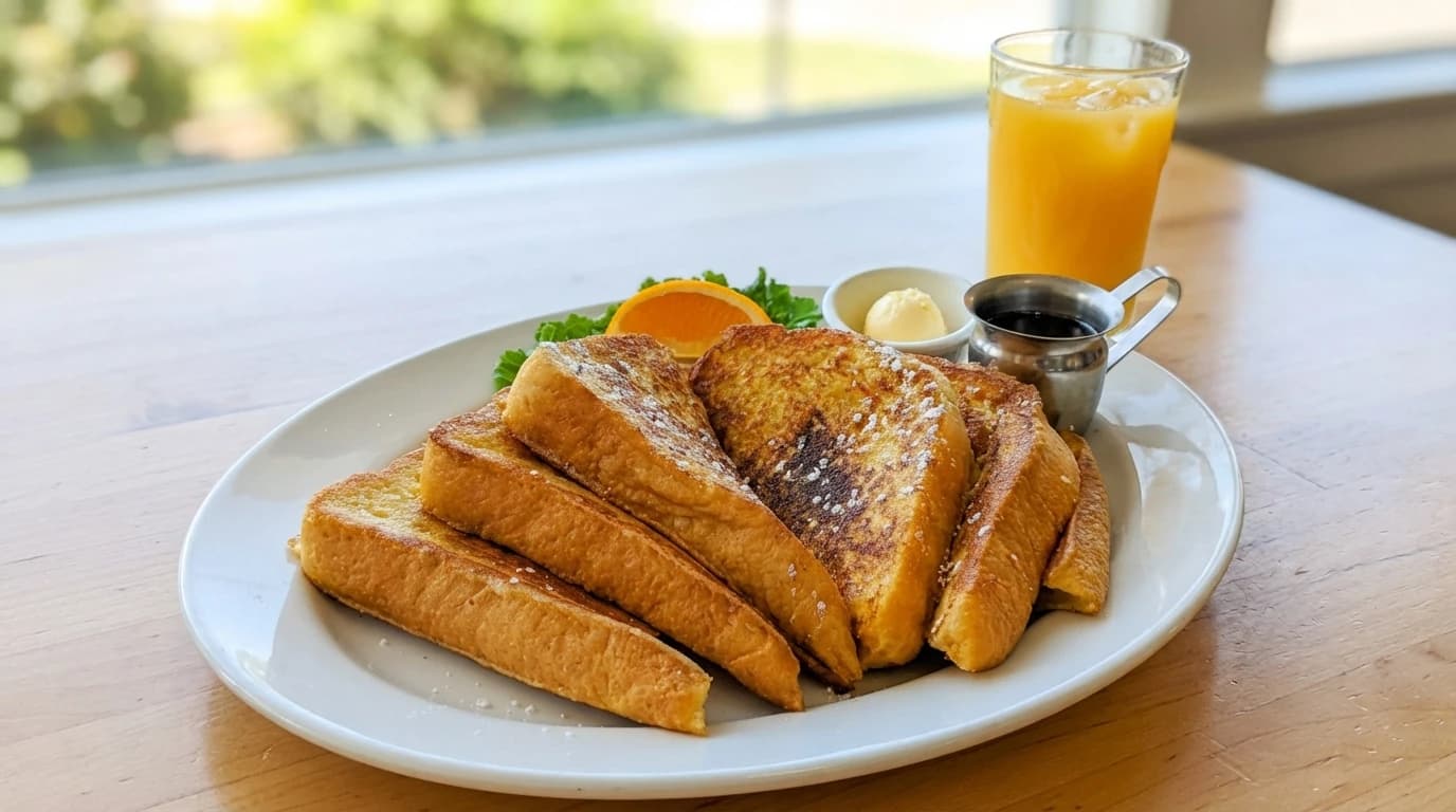 Brioche French Toast - Classic & Sweet - Thick slices of brioche bread dipped in our signature cinnamon-vanilla egg batter, grilled golden br - U.S. Egg Breakfast & Lunch menu item (vegetarian)