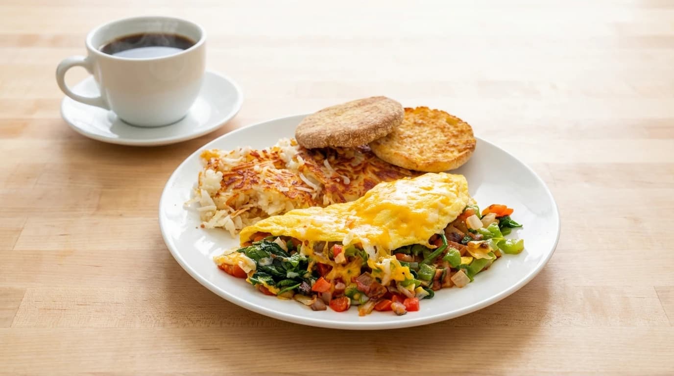 Garden Omelette - Green peppers, onions, ripe tomatoes, spinach, mushrooms, and cheese. A veggie lover's dream! - U.S. Egg Breakfast & Lunch menu item (vegetarian)