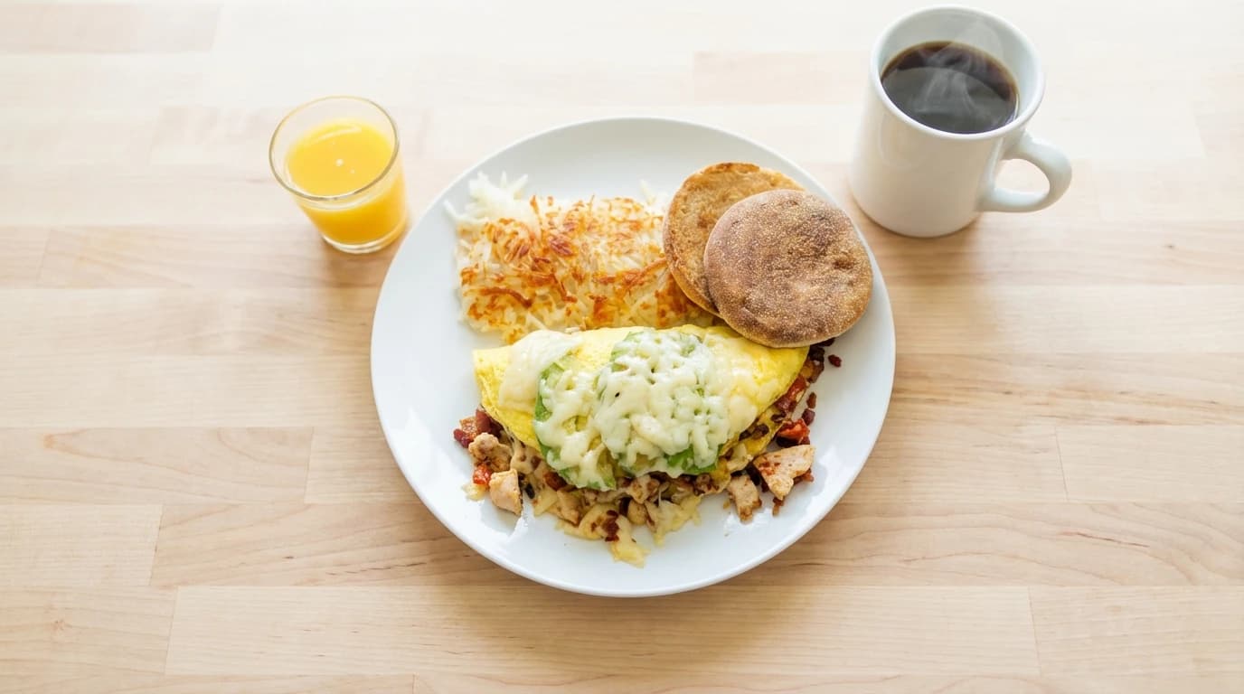 The New Yorker Omelette - Tender chicken, fresh spinach, diced tomatoes, and melted jack cheese, topped with creamy hollandais - U.S. Egg Breakfast & Lunch menu item