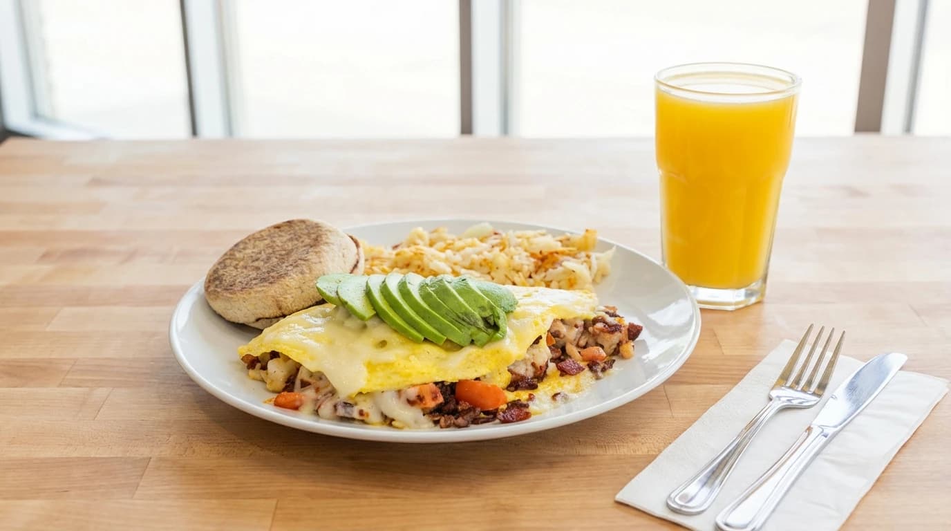 Hawkeye Omelette - Chicken, crispy bacon, creamy avocado, diced tomatoes, and melted jack cheese. A flavor explosion! - U.S. Egg Breakfast & Lunch menu item