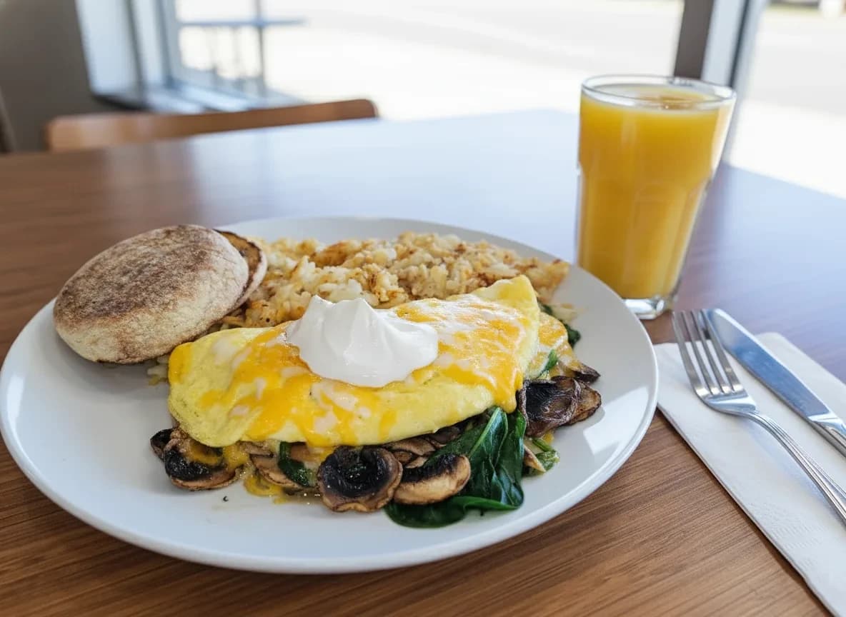 Spinach & Mushroom Omelette - Fresh spinach, sautéed mushrooms, melted cheese, and a dollop of sour cream. - U.S. Egg Breakfast & Lunch menu item (vegetarian)