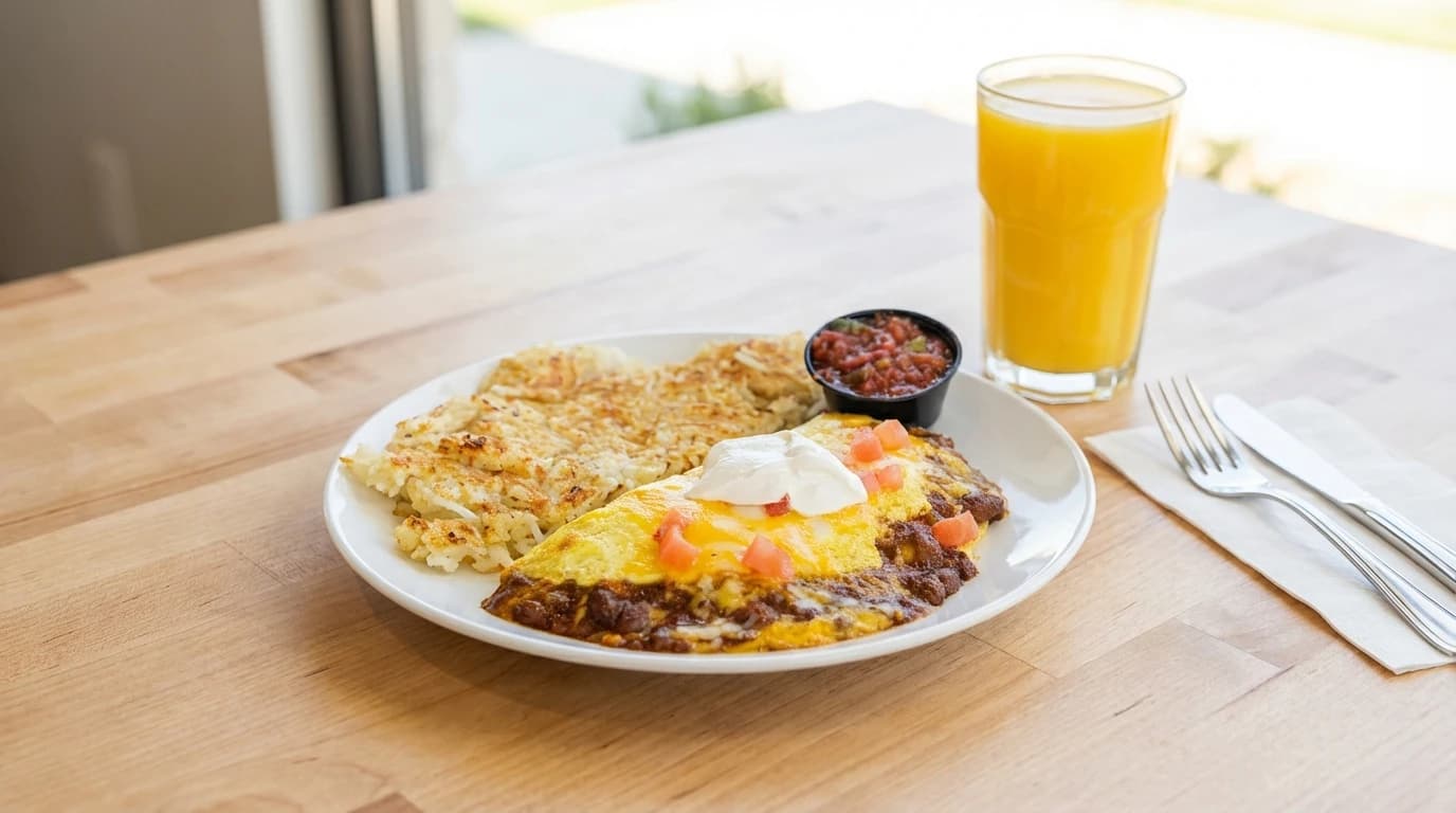 Texan Omelette - Hearty beef chili, diced tomatoes, cheese, sour cream, and salsa. A Southwestern kick! - U.S. Egg Breakfast & Lunch menu item