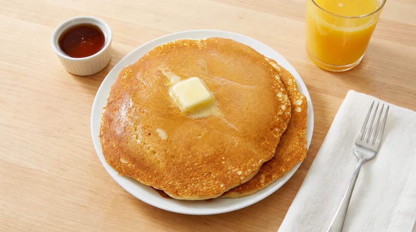 Golden U.S. Egg buttermilk pancakes with a pat of butter, fresh off the griddle