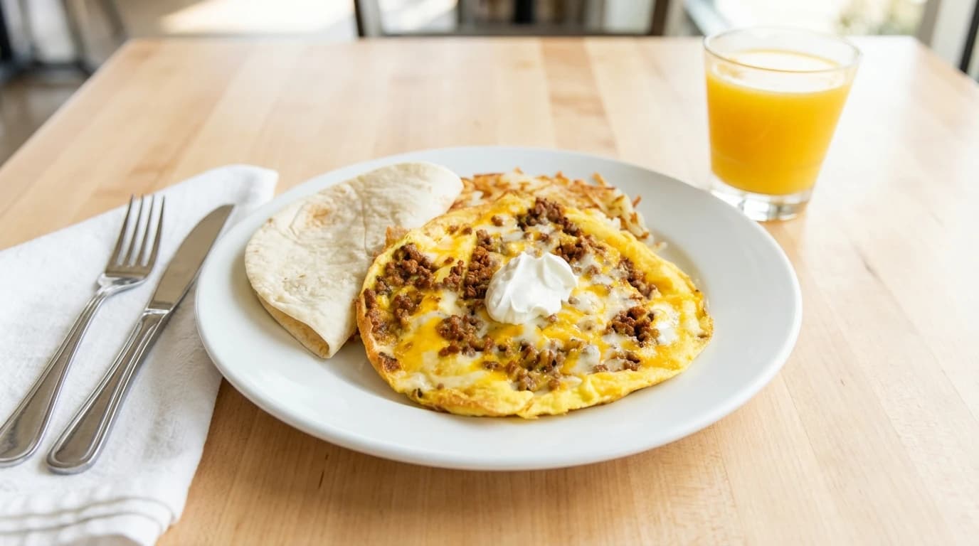 The Border - Spicy chorizo, sautéed onions, melted cheese, and a dollop of sour cream, served with warm tortillas - U.S. Egg Breakfast & Lunch menu item