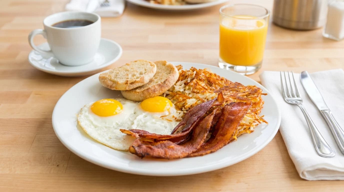 Four Bacon Breakfast - Two farm-fresh eggs cooked your way, four crispy bacon strips, golden hash browns, and a toasted Eng - U.S. Egg Breakfast & Lunch menu item