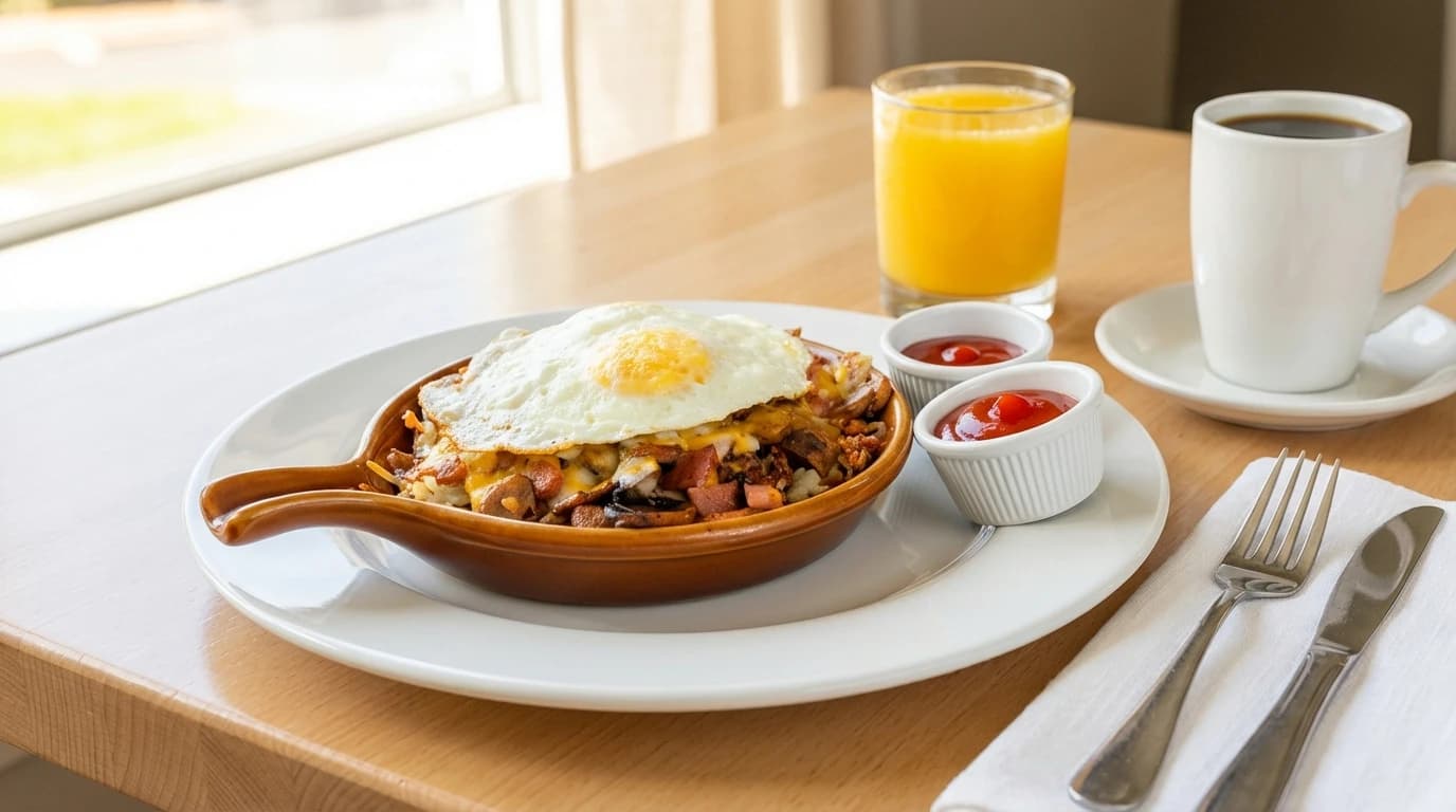 Ham, Sausage & Mushroom Skillet - Savory ham, breakfast sausage, and sautéed mushrooms topped with melted cheese. - U.S. Egg Breakfast & Lunch menu item