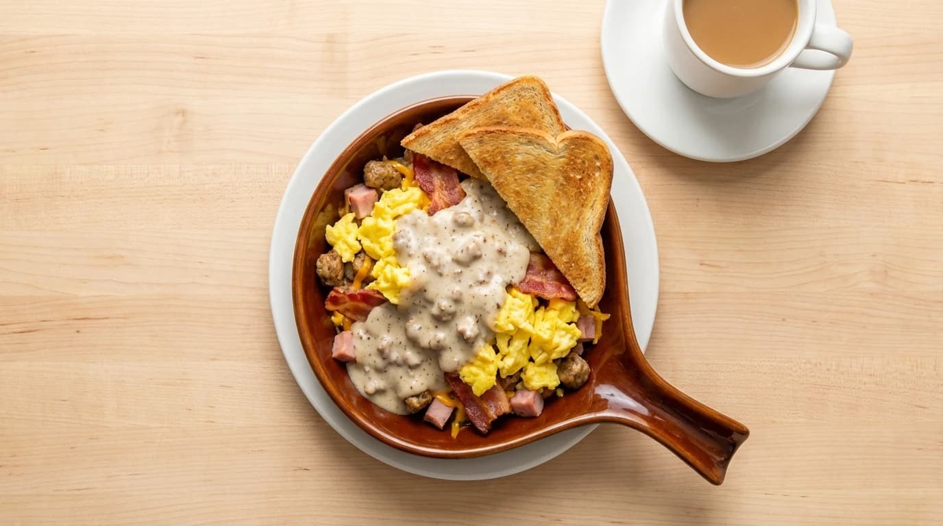 Meat Lovers Skillet - Chicken fried steak, crispy bacon, savory sausage, and grilled ham, all smothered in sausage gravy. - U.S. Egg Breakfast & Lunch menu item