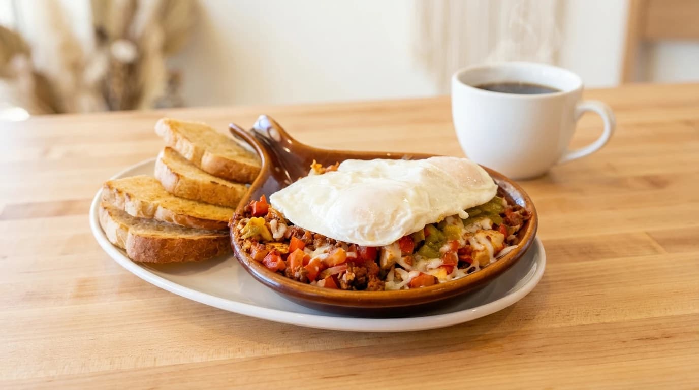 Santa Fe Skillet - Grilled chicken, diced tomatoes, spicy chorizo, and zesty green chili sauce topped with melted chees - U.S. Egg Breakfast & Lunch menu item