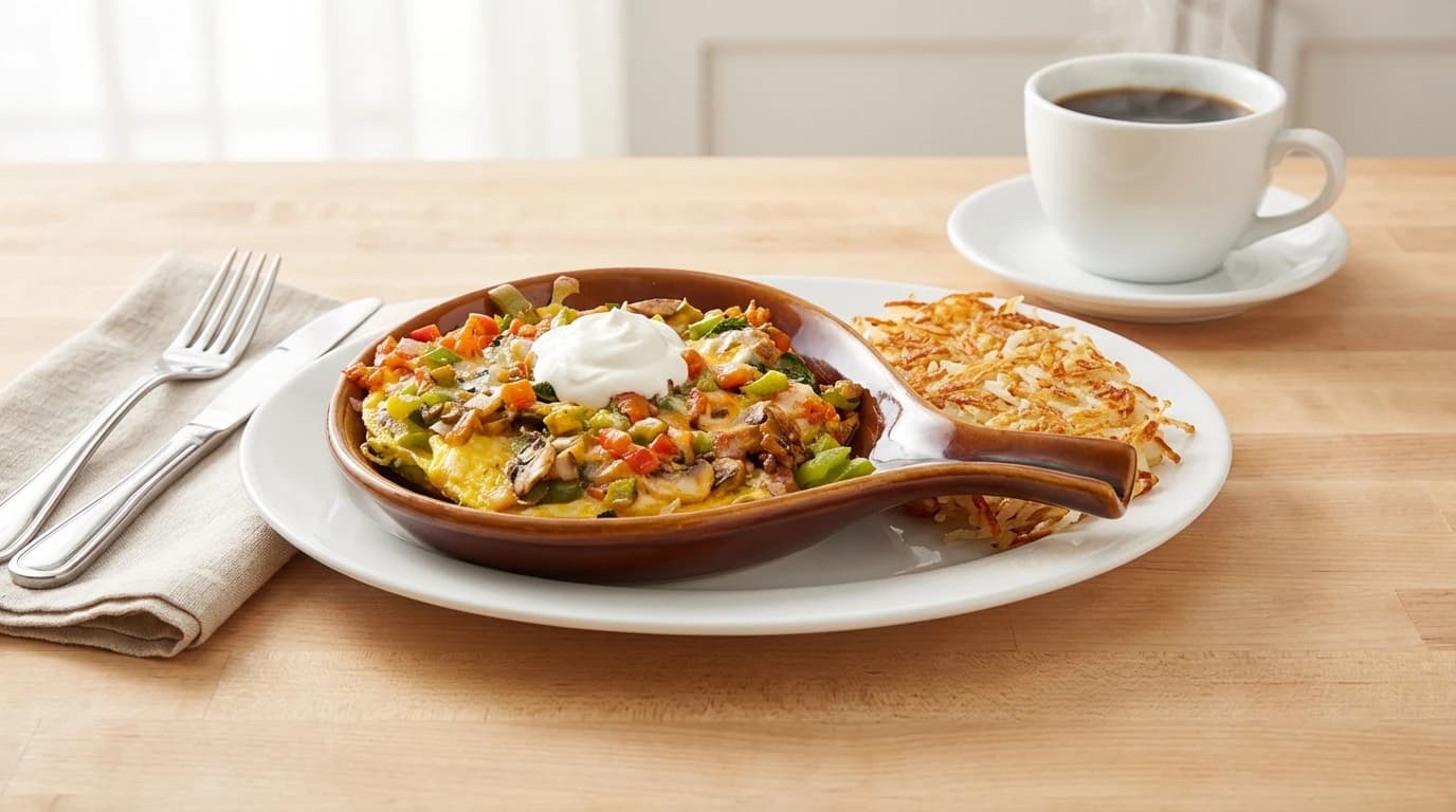 Freshly Diced Veggie Skillet - A colorful and flavorful mix of fresh seasonal vegetables topped with melted cheese. - U.S. Egg Breakfast & Lunch menu item (vegetarian)