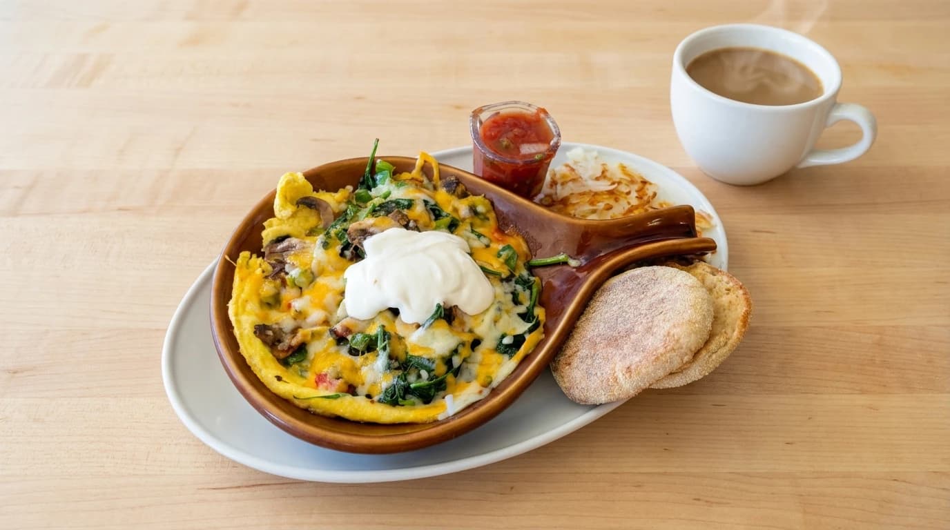Arizona Frittata - A fluffy open-faced omelette filled with spinach, mushrooms, onion, tomatoes, green peppers, and che - U.S. Egg Breakfast & Lunch menu item (vegetarian)