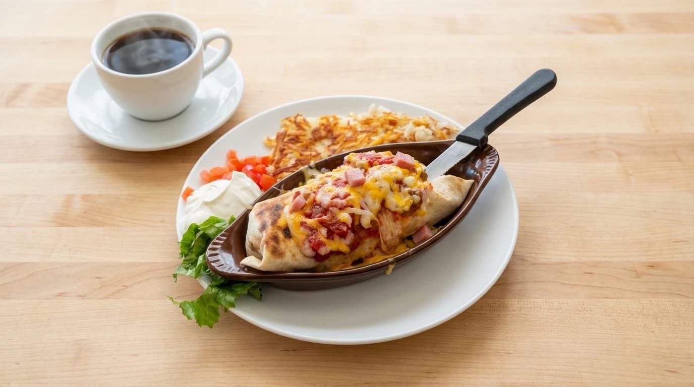 Breakfast Burrito - Savory ham, fluffy scrambled eggs, salsa, and melted cheese wrapped in a warm tortilla, garnished wi - U.S. Egg Breakfast & Lunch menu item