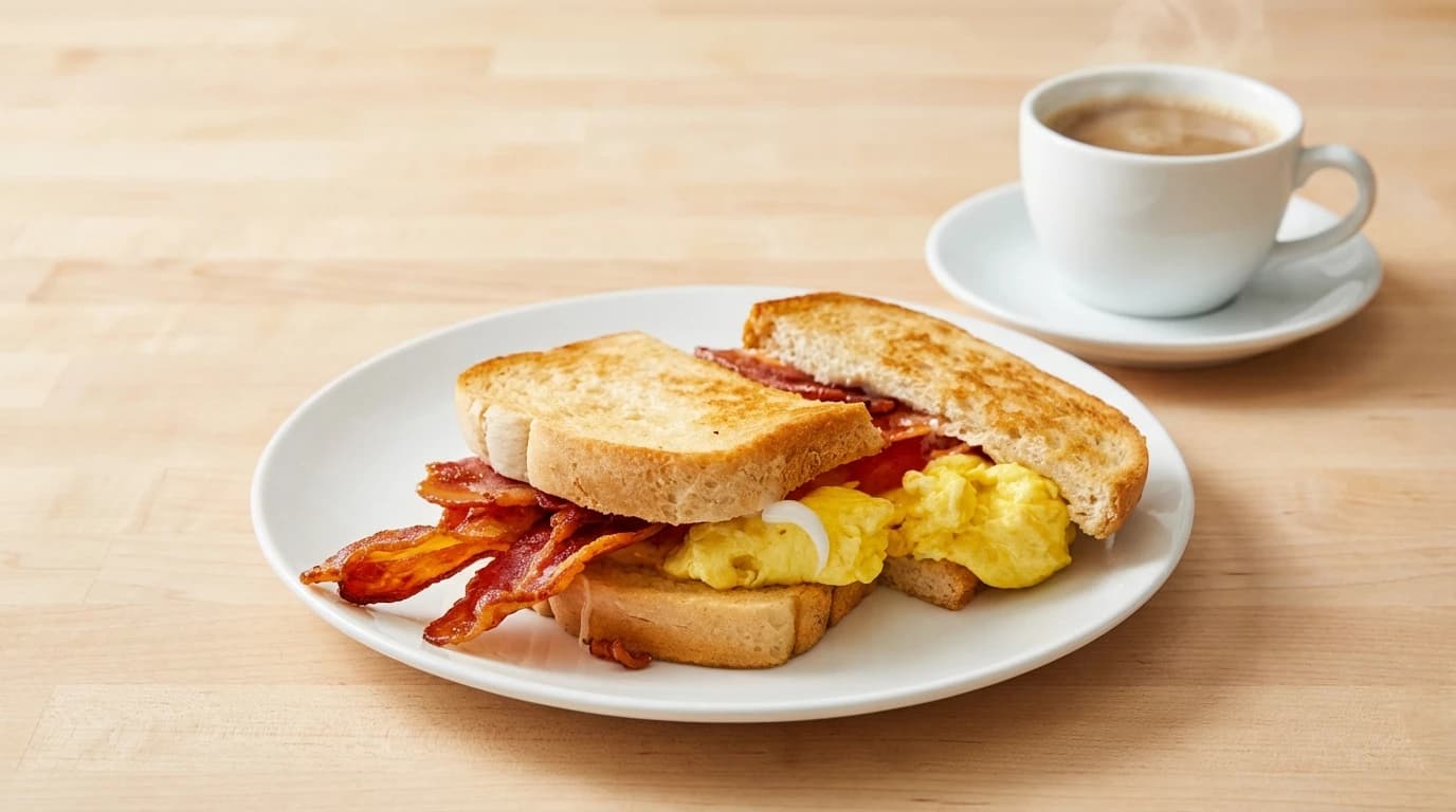 Breakfast Sandwich - Crispy bacon, two fried eggs, melted cheese, and juicy tomatoes with mayonnaise on grilled Texas toa - U.S. Egg Breakfast & Lunch menu item