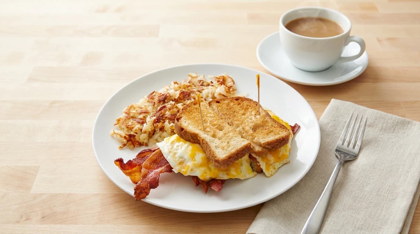 GF Breakfast Sandwich - Two fried eggs, crispy bacon, melted cheese, sliced tomatoes, and mayo served on toasted gluten-free - U.S. Egg Breakfast & Lunch menu item (gluten-free)