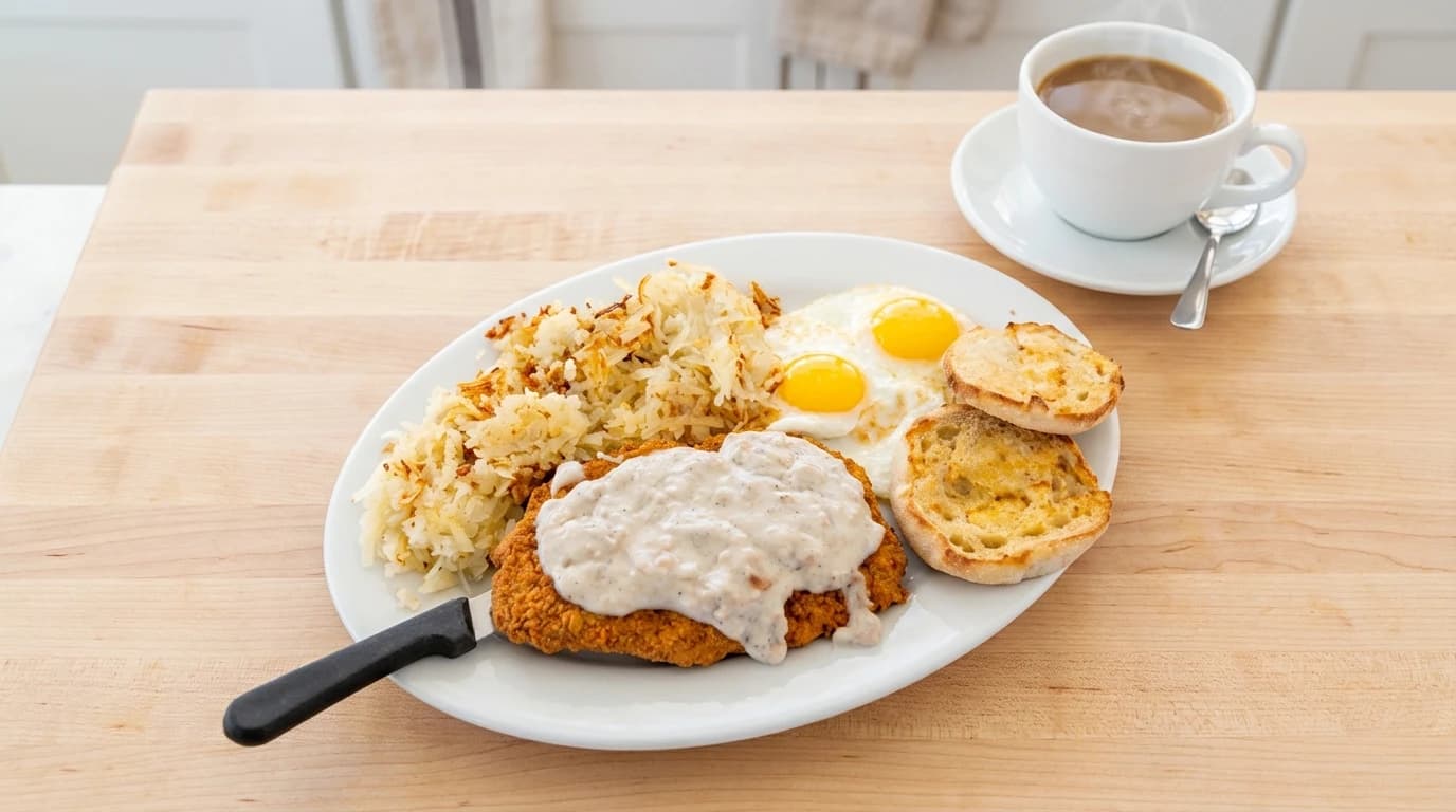Chicken Fried Steak & Eggs - Crispy chicken fried steak smothered in our homemade sausage gravy, served with two eggs any style. - U.S. Egg Breakfast & Lunch menu item
