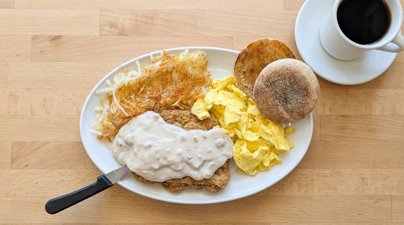 Chicken Fried Steak - Savory 5oz chicken fried steak with a crispy golden exterior and tender interior. A Southern breakfa - U.S. Egg Breakfast & Lunch menu item