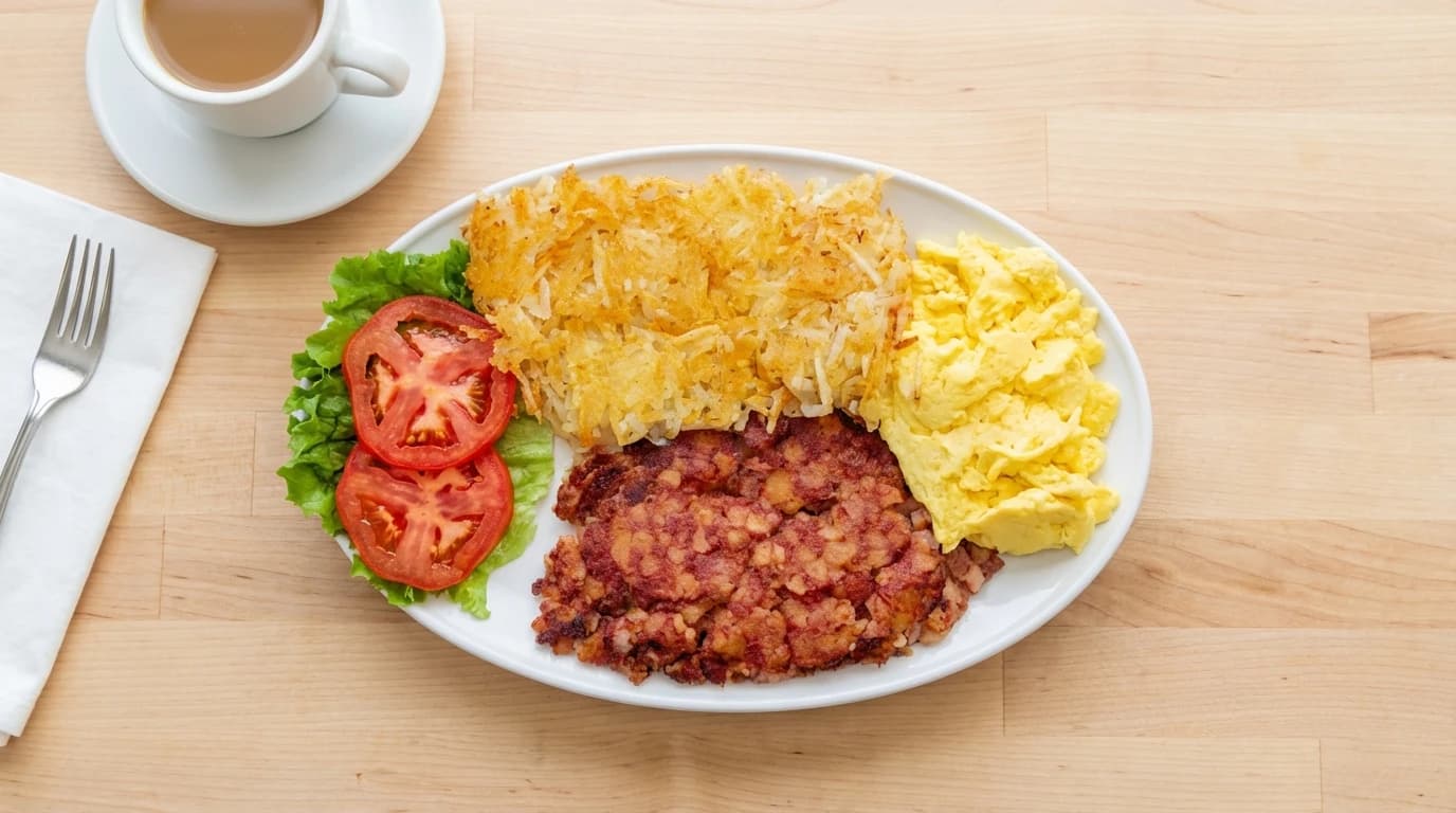 Corned Beef Hash - Savory corned beef hash grilled to perfection, served with two eggs any style for a classic comfort - U.S. Egg Breakfast & Lunch menu item