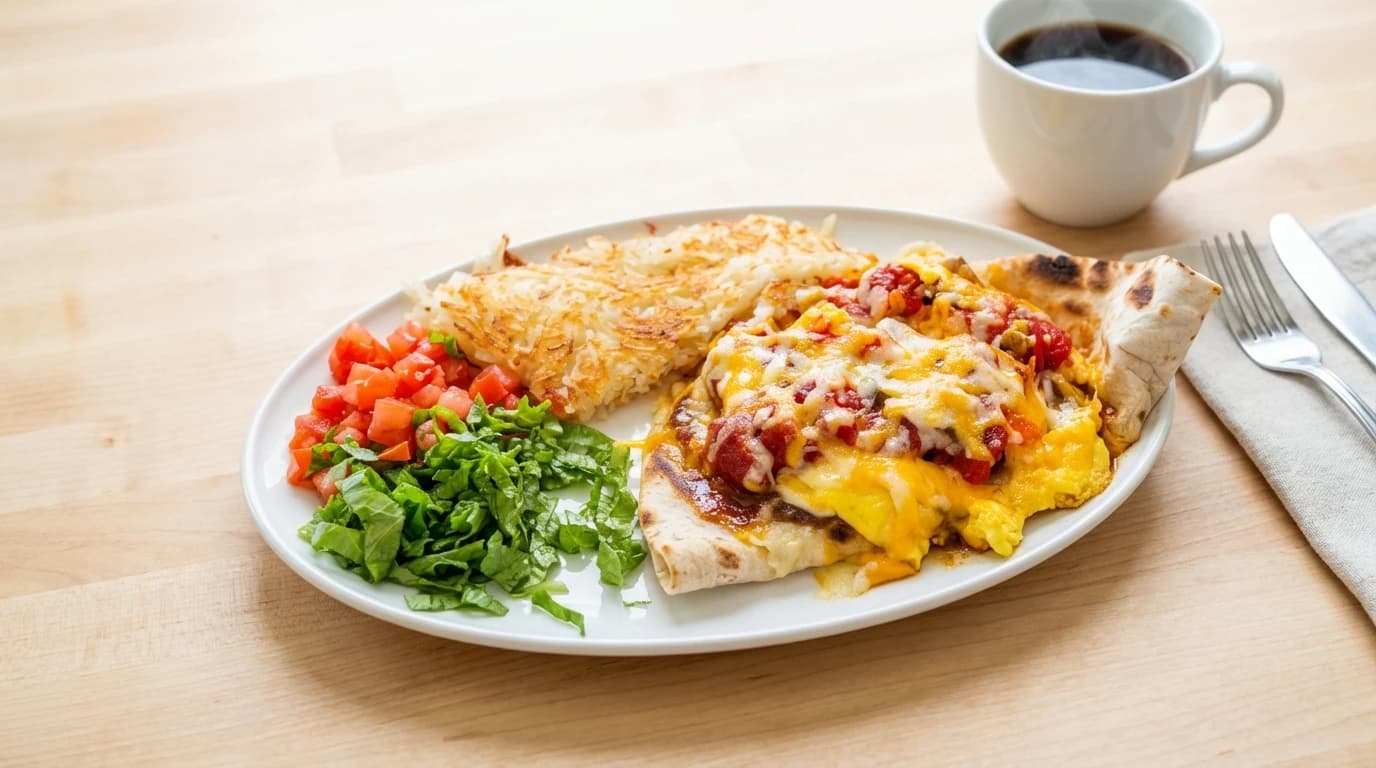 Huevos Rancheros - Warm tortilla topped with hearty beef chili, zesty salsa, melted cheese, and two eggs any style, gar - U.S. Egg Breakfast & Lunch menu item