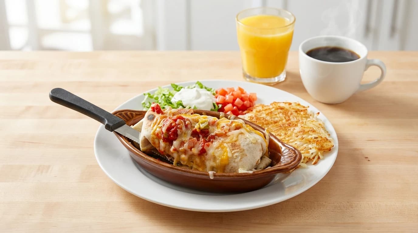 Sonoran Burrito - Spicy chorizo, fluffy scrambled eggs, green chilies, sautéed onions, salsa, and melted cheese in a w - U.S. Egg Breakfast & Lunch menu item