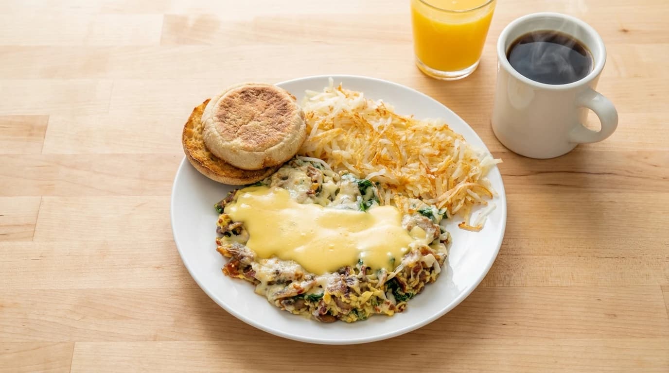 Spinach Florentine - Fresh spinach, crispy bacon, sautéed mushrooms, melted jack cheese, topped with creamy hollandaise s - U.S. Egg Breakfast & Lunch menu item