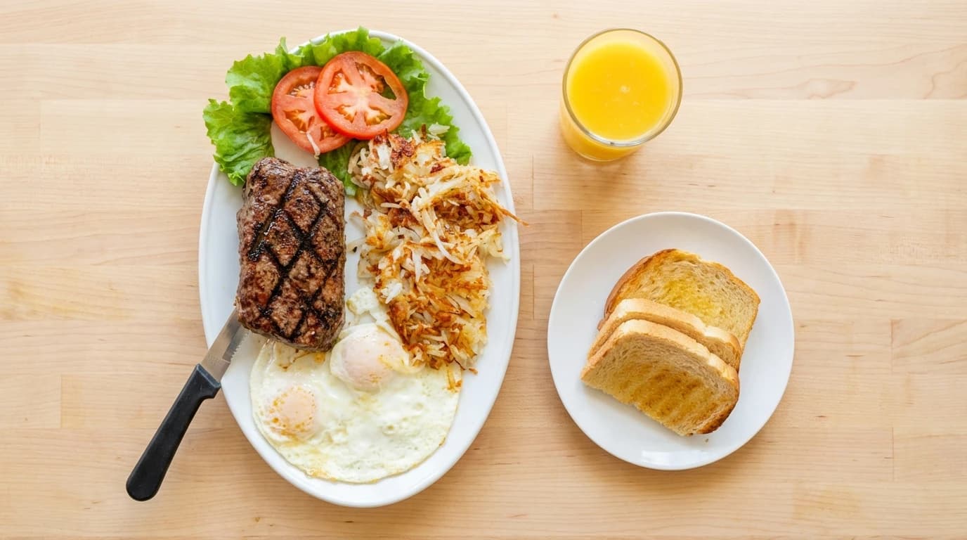 Steak & Eggs - 8 oz. grilled sirloin steak cooked to your preference, served with two eggs any style. The ultimate - U.S. Egg Breakfast & Lunch menu item