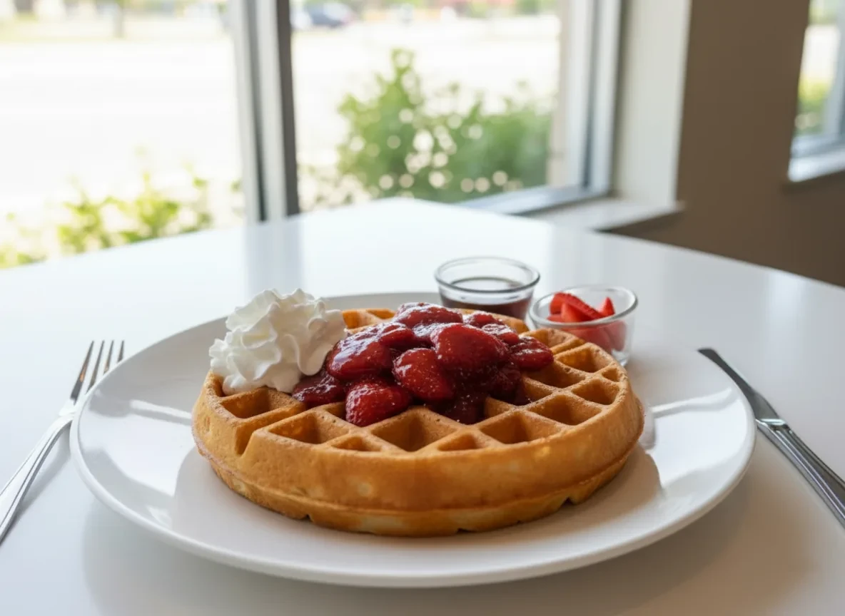 GF Strawberry, Banana or Blueberry Waffle - Our delicious gluten-free waffle topped with your choice of fresh strawberries, bananas or blueberri - U.S. Egg Breakfast & Lunch menu item (gluten-free) (vegetarian)